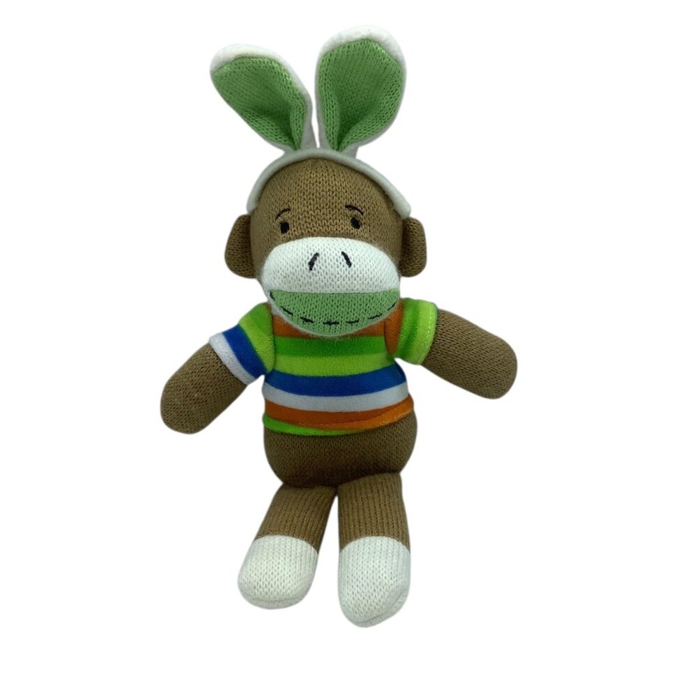 Sock Monkey Plush Toy Green Bunny Rabbit Ears Stripes 13" Stuffed Animal Easter